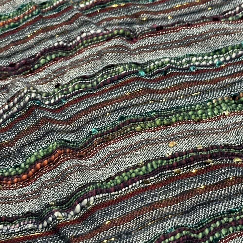 Ladies blue/multi/metallic copper infinity scarf. Length 66, width 22 3/4. - Picture 5 of 6